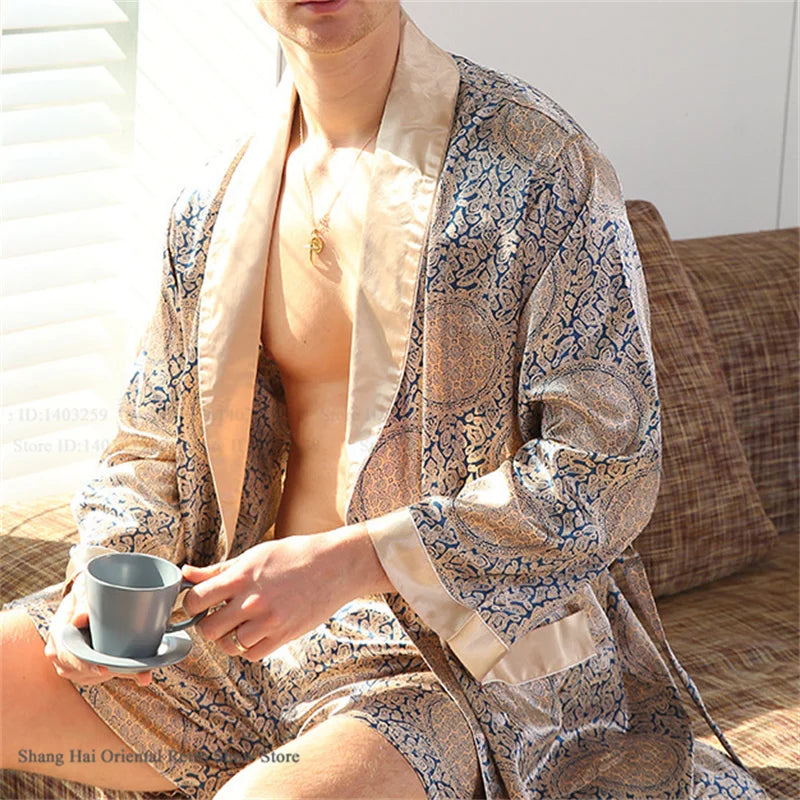 Men's Ice Silk Sleepwear Kimono Bathrobe Gown Long Robe Pajamas Two Piece Set Print Tiger Loose Casual Homewear Lounge Wear