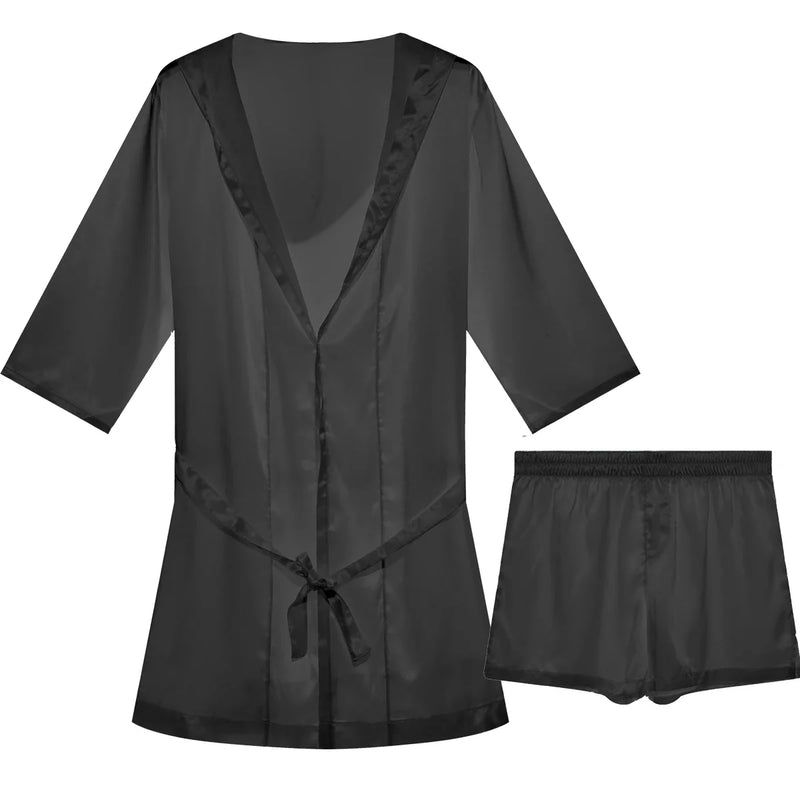 Mens Hooded Bathrobe Shorts Set Pajamas Night Robe Dress Gown Male Silk Satin Nightgown Kimono Bathrobe Sleepwear House Robe Men