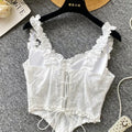 SINGREINY Floral Embroidery Lingerie Women Strap Irregular Corset Short Tank Top Sensual French Hotsweet Slim Sexy Beach Camis