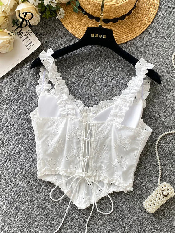 SINGREINY Floral Embroidery Lingerie Women Strap Irregular Corset Short Tank Top Sensual French Hotsweet Slim Sexy Beach Camis