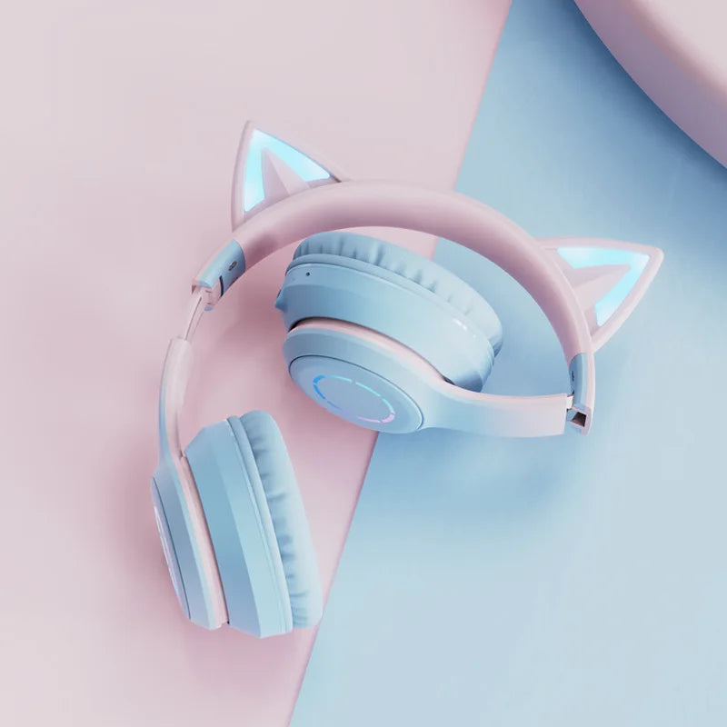 Cat Ear Headphones Bluetooth 5.1 Wireless Earphones with RGB Light Detachable Mic 40mm Stereo Drivers for Gaming Calls & Music