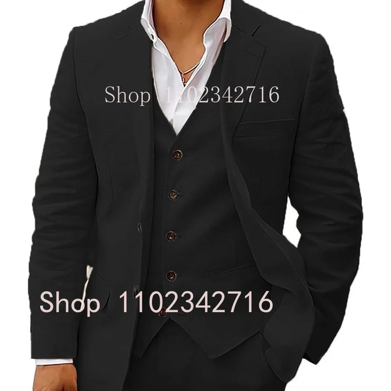 3 Piece Linen Summer Men Suits for Wedding Groom Tuxedos 2023 Casual Beach Custom Man Suit Set Jacket Vest with Pants Man Fahion