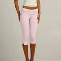 Women's Y2K Low Waist White Capri Leggings Fold Over Waistband Split Hem Solid Color Slim Fit Stretchy Cropped Leggings Buttery