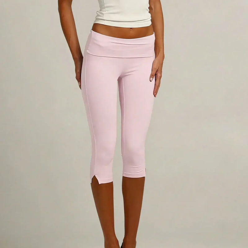 Women's Y2K Low Waist White Capri Leggings Fold Over Waistband Split Hem Solid Color Slim Fit Stretchy Cropped Leggings Buttery