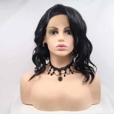 Natural Black Short Wavy Synthetic Black Lace Front Wigs For Women Hair Side Part Heat Resistant Fiber Short Black Wigs
