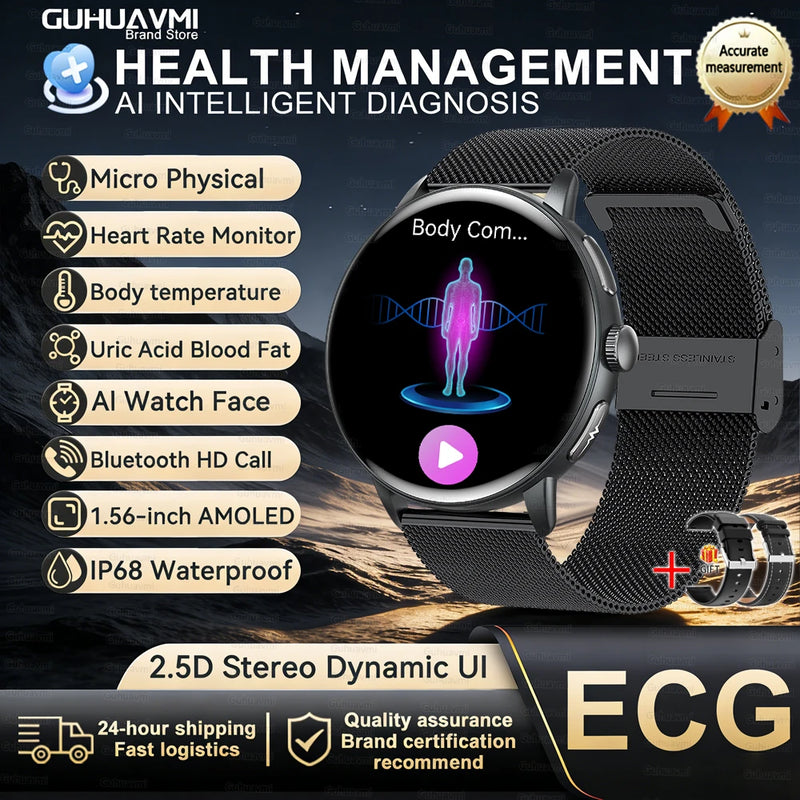 2026 New AI Accurate Diagnosis Body Fat Uric Acid BP ECG SmartWatch HD AMOLED Screen call Sport Health Smart watch For Men women