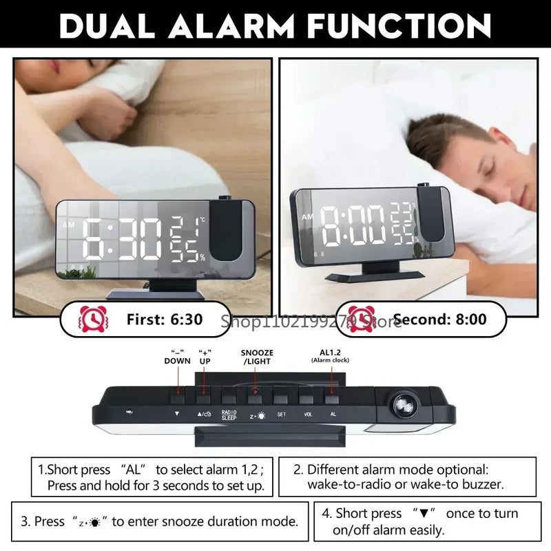 Alarm Clock Radio LED Digital Smart Watch Table Electronic Desktop Clocks USB Wake Up Clock with 180° Time Projector Snooze