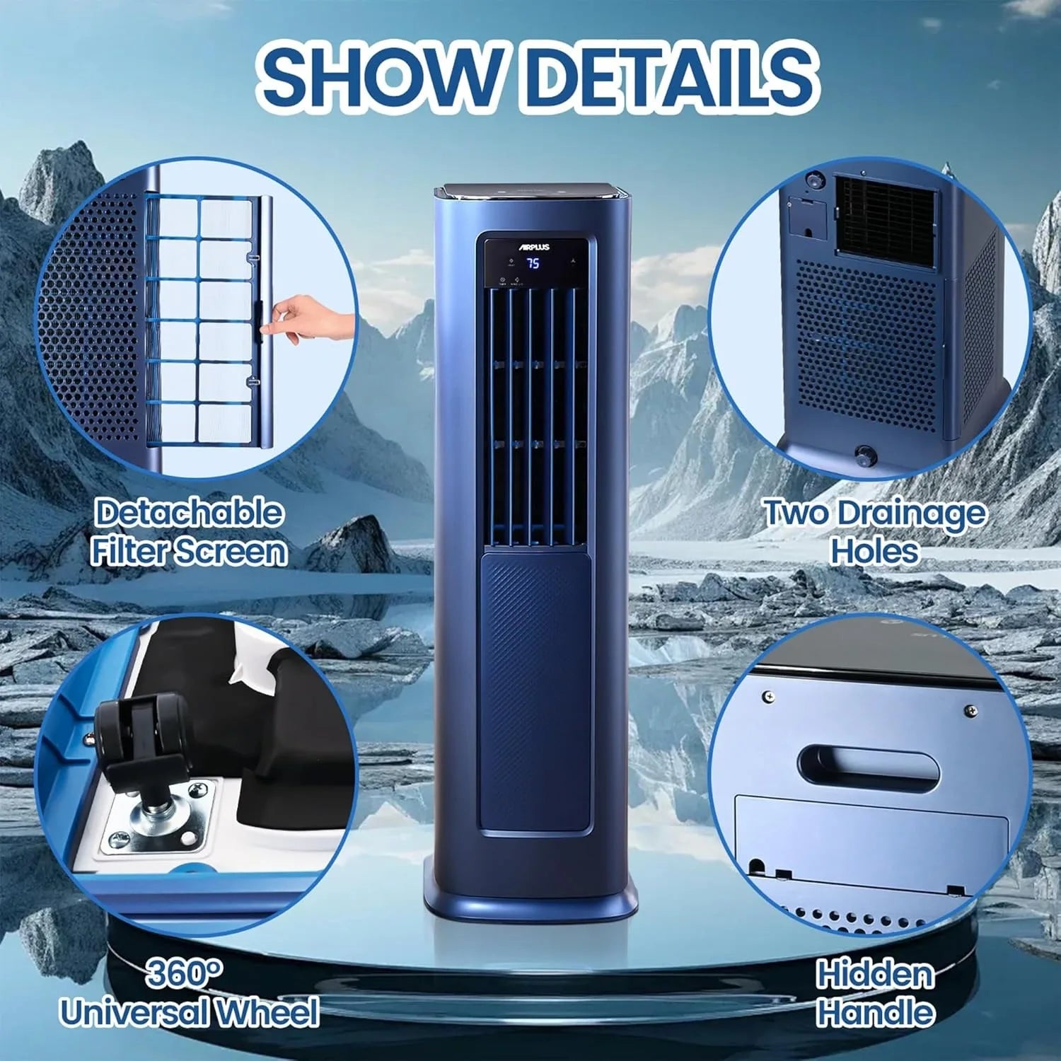 AIRPLUS 12000 BTU Smart Portable Air Conditioner for Bedroom, 700 Sq Ft Cooling & Heating AC with Drainage-free Function, Dehumidifier, Fan, 24h Timer, Blue