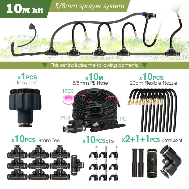 Garden 5-30M 8mm PE Hose 20cm 360° Bending Brass Nozzle Spray Kit Atomized Automatic Irrigation Equipment Plants Mist Wateriing