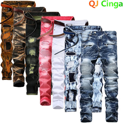 Fashionable New Men's Motorcycle Jeans Pleated Holes | SAMAG