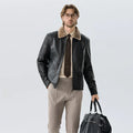 Faux Leather Men Jacket Thickened Plush Lining Warm PU Leather Jacket Business Casual Leather Jacket Winter Faux Fur Collar Coat