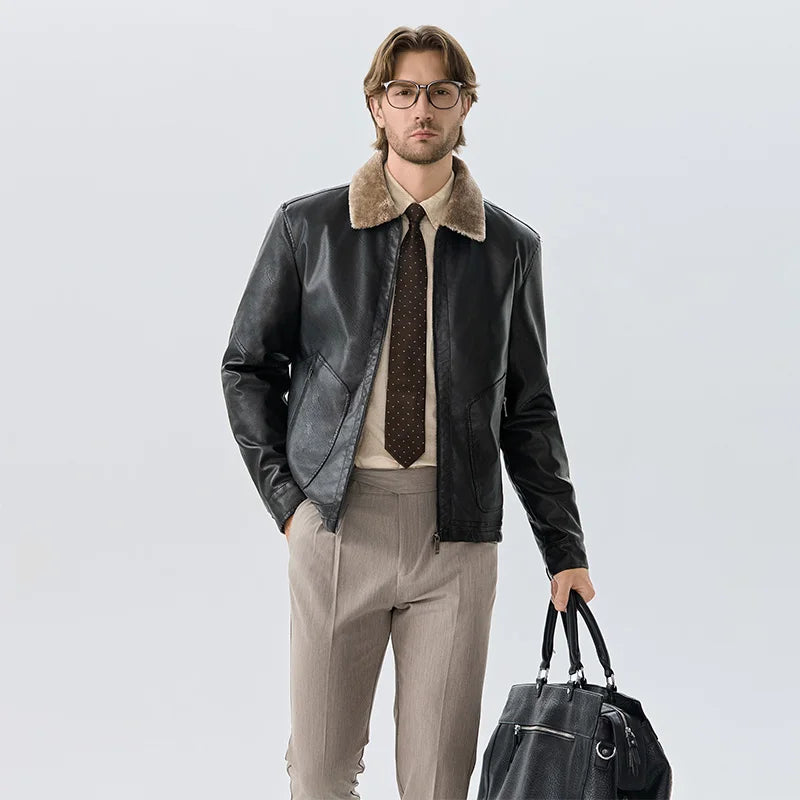 Faux Leather Men Jacket Thickened Plush Lining Warm PU Leather Jacket Business Casual Leather Jacket Winter Faux Fur Collar Coat