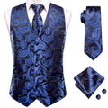 Hi-Tie Navy Blue Mens Vest Formal Paisley Waistcoat Jacket Tie Handkerchief Cufflinks Set For Male Dress Suit Wedding Party