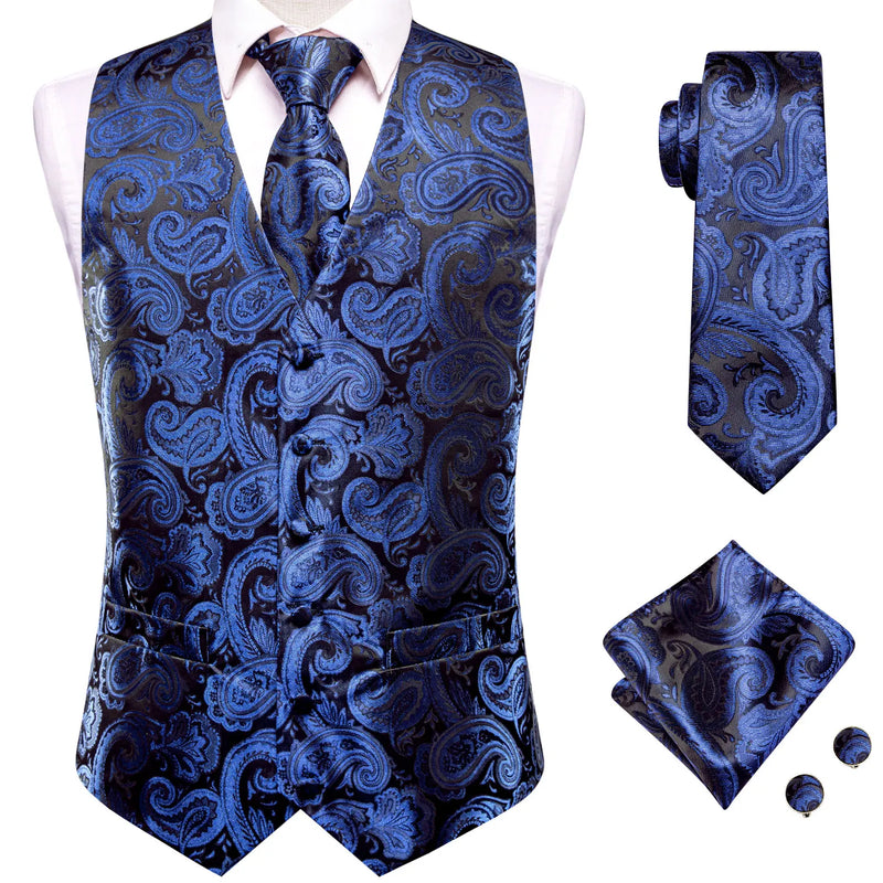 Hi-Tie Navy Blue Mens Vest Formal Paisley Waistcoat Jacket Tie Handkerchief Cufflinks Set For Male Dress Suit Wedding Party