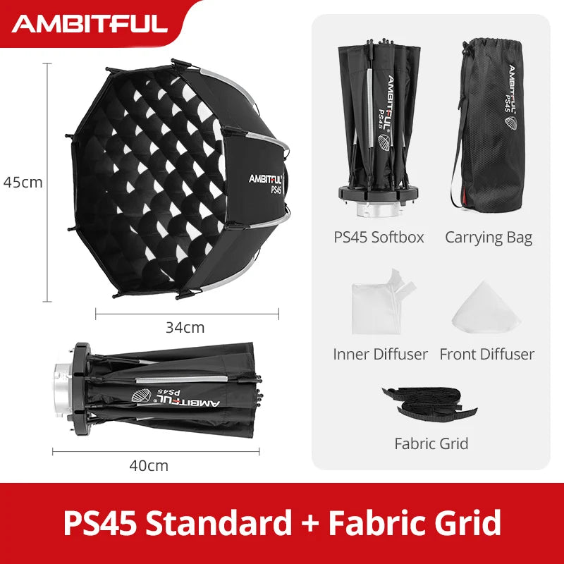 Ambitful Mini Quickly Release Softbox PS45 PS30 50SE Bowens Mount PF30/40SE Ontop Softbox Octagon Softbox+Honeycomb Grid Outdoor