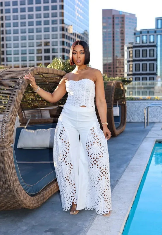 Female Fashion sexy Strapless Design Hollowed Top Pants 2 Piece Set Women Tank Chic Solid Sleeveless Vest Straight Pant Suit