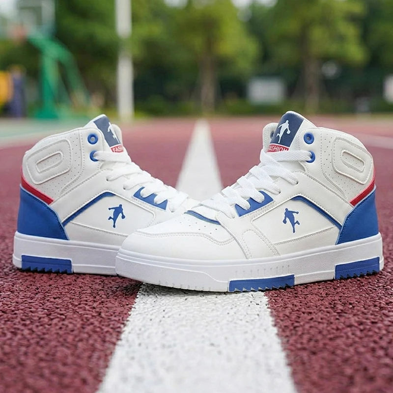 Men's White High-Top Color Block Sneakers, Lace-Up Casual Skate Shoes for Streetwear
