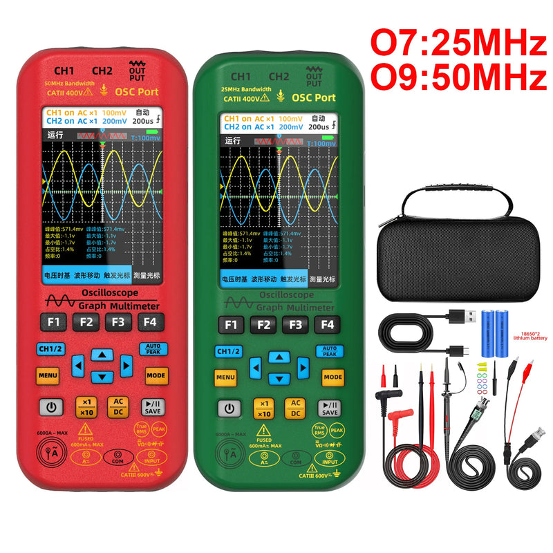 BSIDE 4-IN-1 Handheld Oscilloscope Digital Multimeter+Function Signal Generator Dual Channel O7:25MHz/O9:50MHz Current Tester