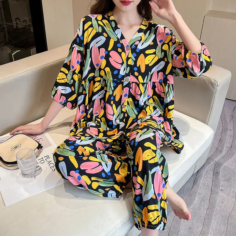 Cotton Sleepwear Big Size Cardigan Seven-minute Pants Two-piece Print Loungewear Pajama Sets Summer Nightwear Korean Fashion