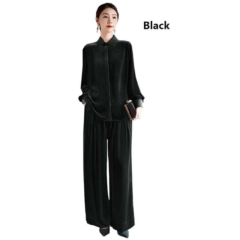 Silk Velvet Spring Autumn Ladies Set Long Sleeves and Trousers Two Pieces Elegant Temperament Light Luxury Outdoor Women's Wear