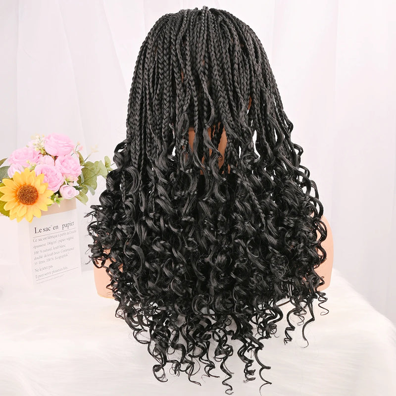 Curly Ends Synthetic Knotless Box Braids Wigs 18 Inch Full Lace Braided Wig with Baby Hair Boho Lace Wig for Quick Installation