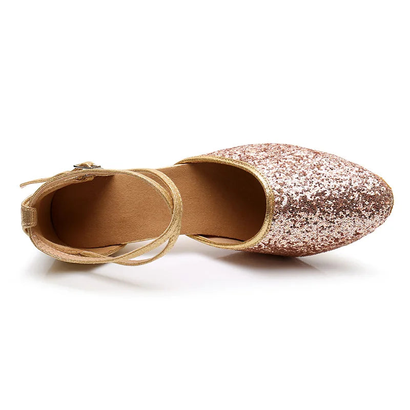 Glitter Women Latin Dance Shoes Closed Toe Ankle Strap Cha Cha Tango Mid Heel Soft Suede Sole Practice Performance Indoor Pumps