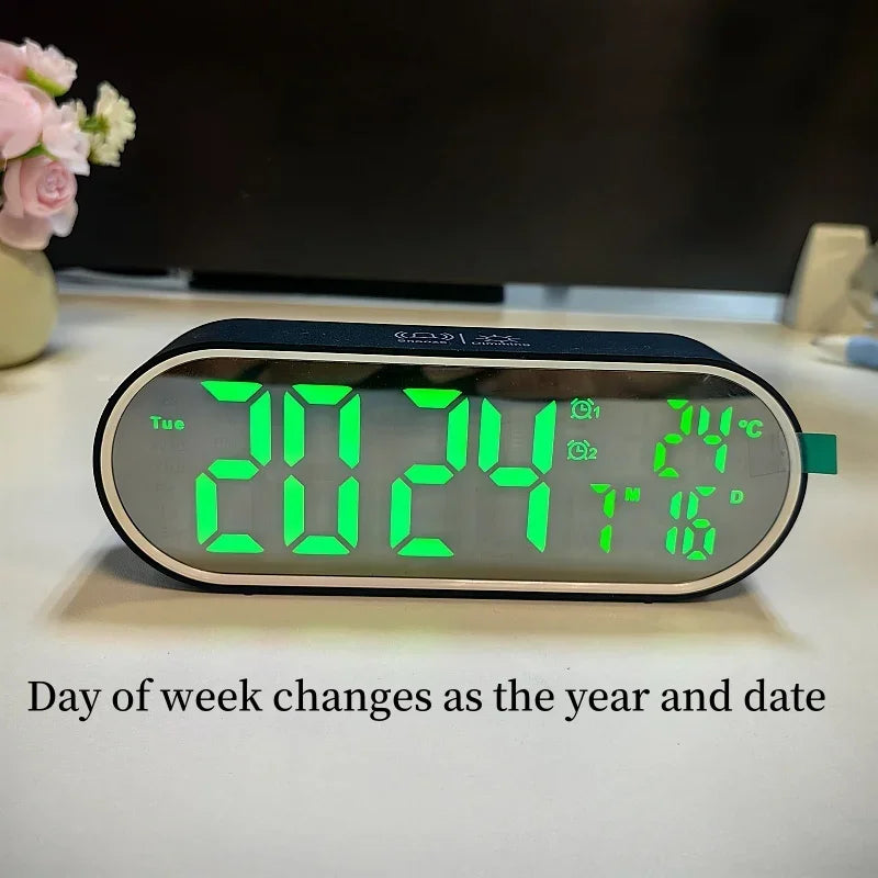 Digital Alarm Clock TEMP Date Week 2 Alarms Night Mode Snooze 12/24H Anti-disturb Voice Control Rechargeable LED Mirror Clock