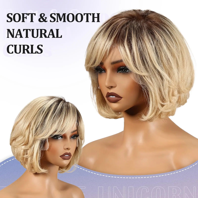 Blonde Brown Short Remy Human Hair HD Lace Front Wigs with Dark Roots Bob Natural Layered Lace Frontal Wig with Bangs for Women
