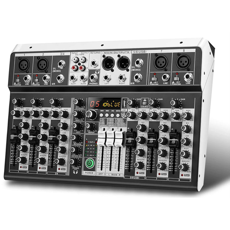 KDES KP8 Audio Mixer 8 Channel 99 DSP Effect Record PC 48V Phantom Power USB Sound Mixers Bluetooth DJ Console Mixing for Karaok