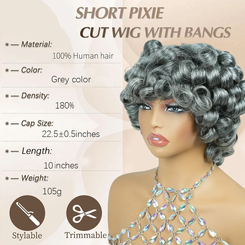 Salt and Pepper Pixie Cut Human Hair Wigs for Women Gray Hair Black Mixed With 60#Color for Daily Use Machine Made