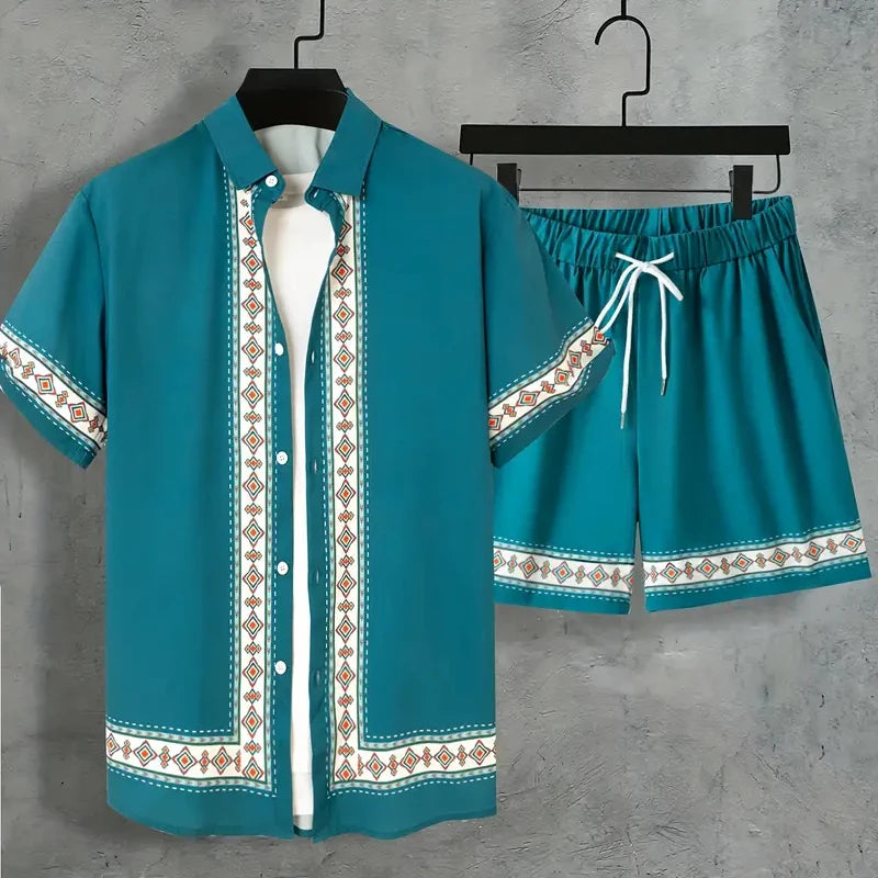Men's Summer Holiday Suit Retro Textured Printed Border Shirt Short Sleeve Two Piece Breathable Pool - View 11 | SAMAG