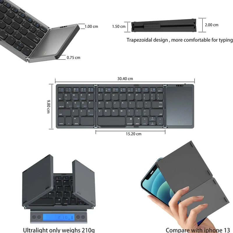 Pocket Portable Tri-folding Touchpad Foldable Keyboard Folding Wireless Keyboard for Tablets
