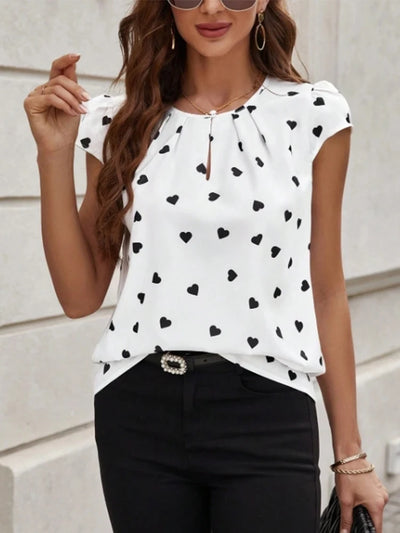 Women's Heart Shaped Printed Pleated Short Sleeved Round | SAMAG