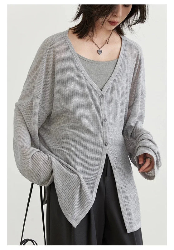 Women's Casual V-Neck Long Sleeve Cardigan, Lightweight Sun Protection Knit Outerwear, Lazy Style Cover Up for All Seasons