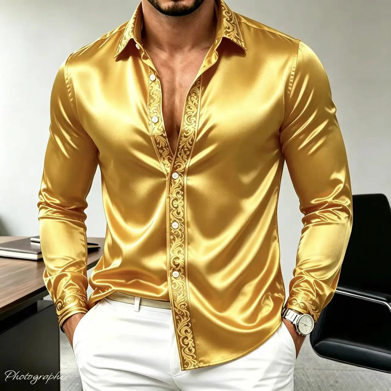 Men's Luxury Satin Silk Shirt Long Sleeve Gold Baroque | SAMAG