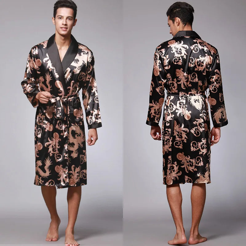 Loose Kimono Robe Wear Printing Nightgown Silky Men's Pajamas Long-sleeved Bathrobes Homewear