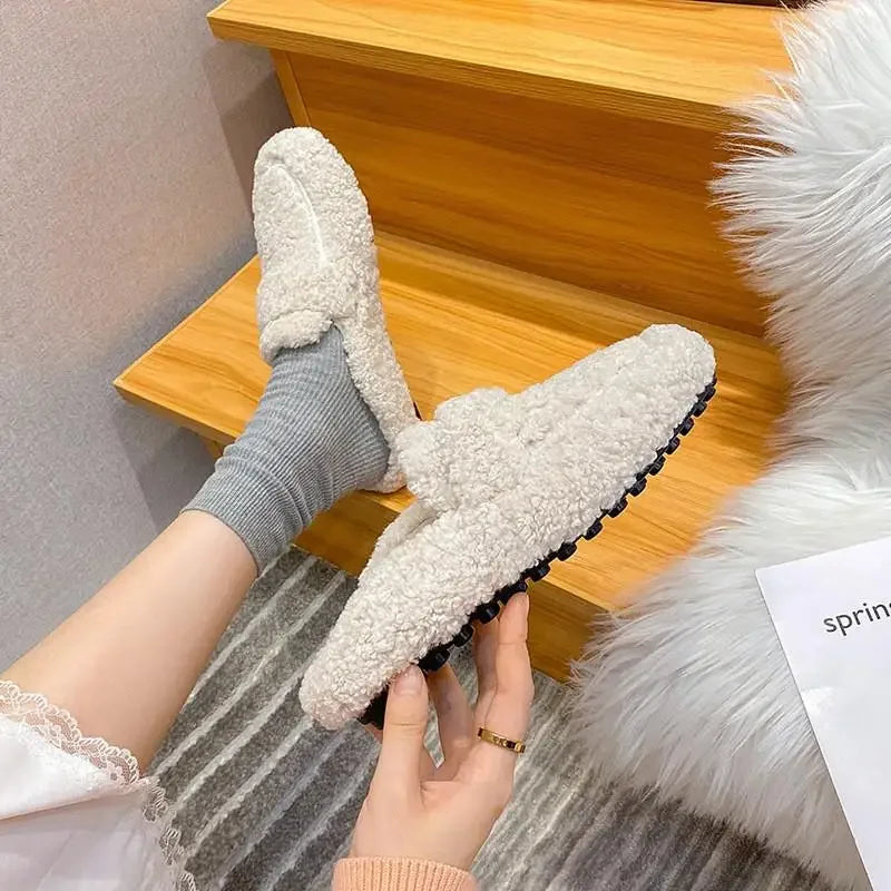 Lambwool Moccasins Femme Curly Sheep Fur Flats Woman Warm Plush Loafers Winter Cotton Shoes Women Furry Snow Boot