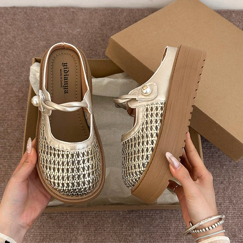Summer Women's Hollow Out Woven Round Toe Mary Jane Buckle Strap Chunky Platform Mule Clogs Slides Sandals Casual Slippers Shoes