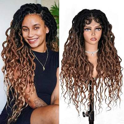 Synthetic Knotless Braided Wigs Full Lace Twist Hair Brown Faux Locs For Black Women 32 Inches Front Braided Wigs With Baby Hair