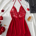 Women Red Satin Babydoll Nightgown Halter Tie Neck Deep V Lace Bust Back Hollow Mini Slip Dress Sexy Lingerie Sleepwear