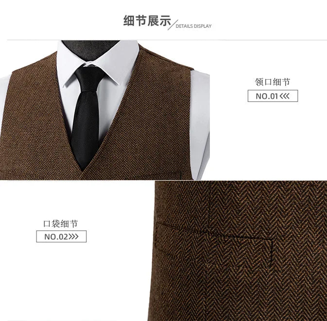 V Neck Men's Suits Vest Casual Classic Formal Business Herringbone Tweed Slim Fit Waistcoat For Wedding Groomsmen