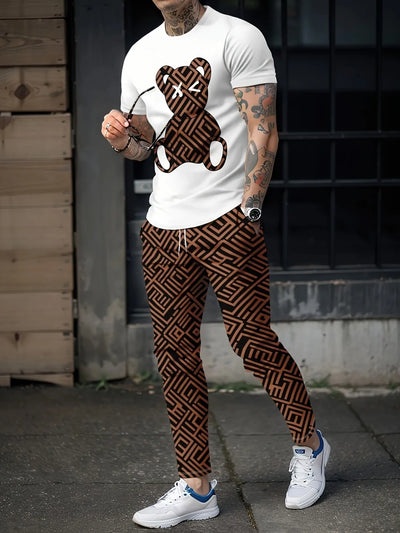 Summer new men's teddy bear print breathable and comfortable round neck T - shirt pants set outdoor casual fashion | SAMAG