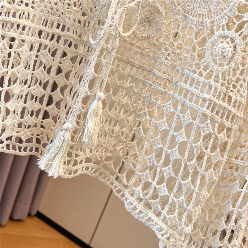 Boho Crochet Cardigan Women Flare Sleeve Tie Front Floral Open-knit Blouse Cardi Beach Bikini Cover Up Bolero Vacation Outfit