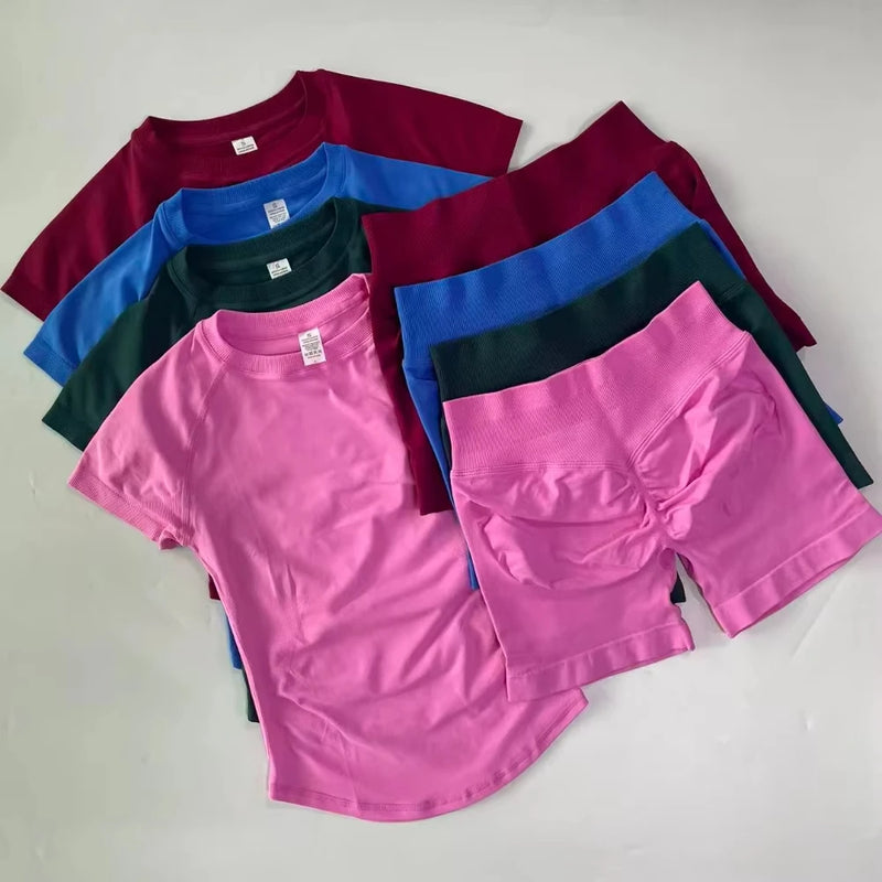 1-2 Pieces Sports Sets Short Sleeve Seamless Yoga Top Gym Suit T-shirt Set Fitness Set Women Workout Running Sports Shorts