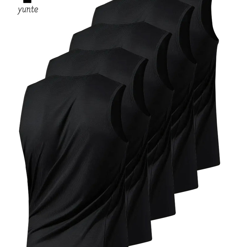 Men's Sports Vest Black 5-Piece Breathable Round Neck Slightly Elastic Fabric Pure Color Suitable for Spring, Summer and Autumn R