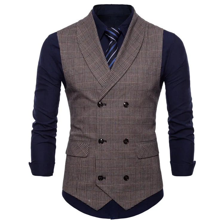 Blazer Men Vests Plaid Suits Coats Double Breasted Turn Down Collar Sleeveless Slim Fit Vest Coat Casual Regular Splice Autumn