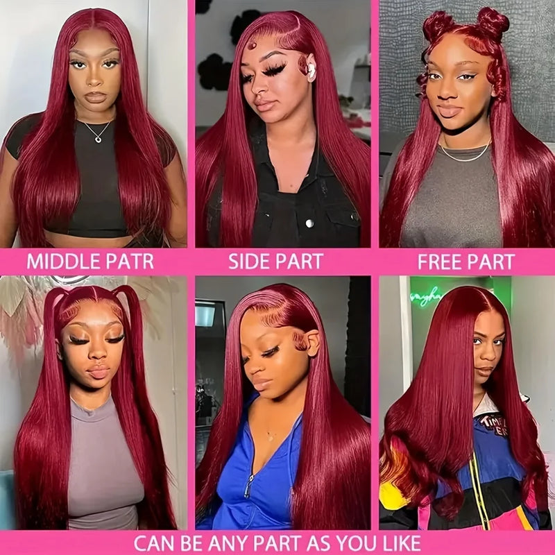 99J Burgundy Pre Colored Straight Lace Frontal Wigs For Women Pre Plucked Invisible Pre Cut Lace Brazilian Hair 13X6 Hd Transparent Lace Front Human Hair Wigs