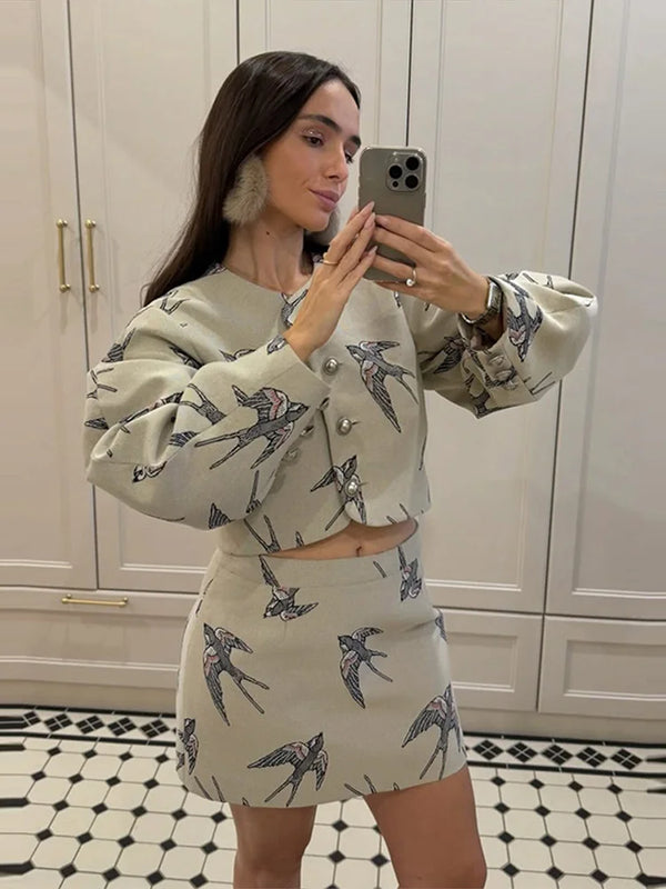 Casual Print Mini Skirts Sets Women O Neck Long Sleeves Single Breasted High Waist Loose Suits Female 2026 Autumn New Chic Set