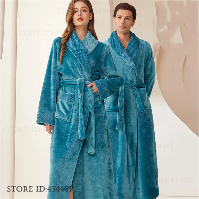 Large Size Flannel Men's Long Robe Kimono Gown Winter Thicken Sleepwear Loungewear Loose Coral Fleece Couple Pajama Home Clothes