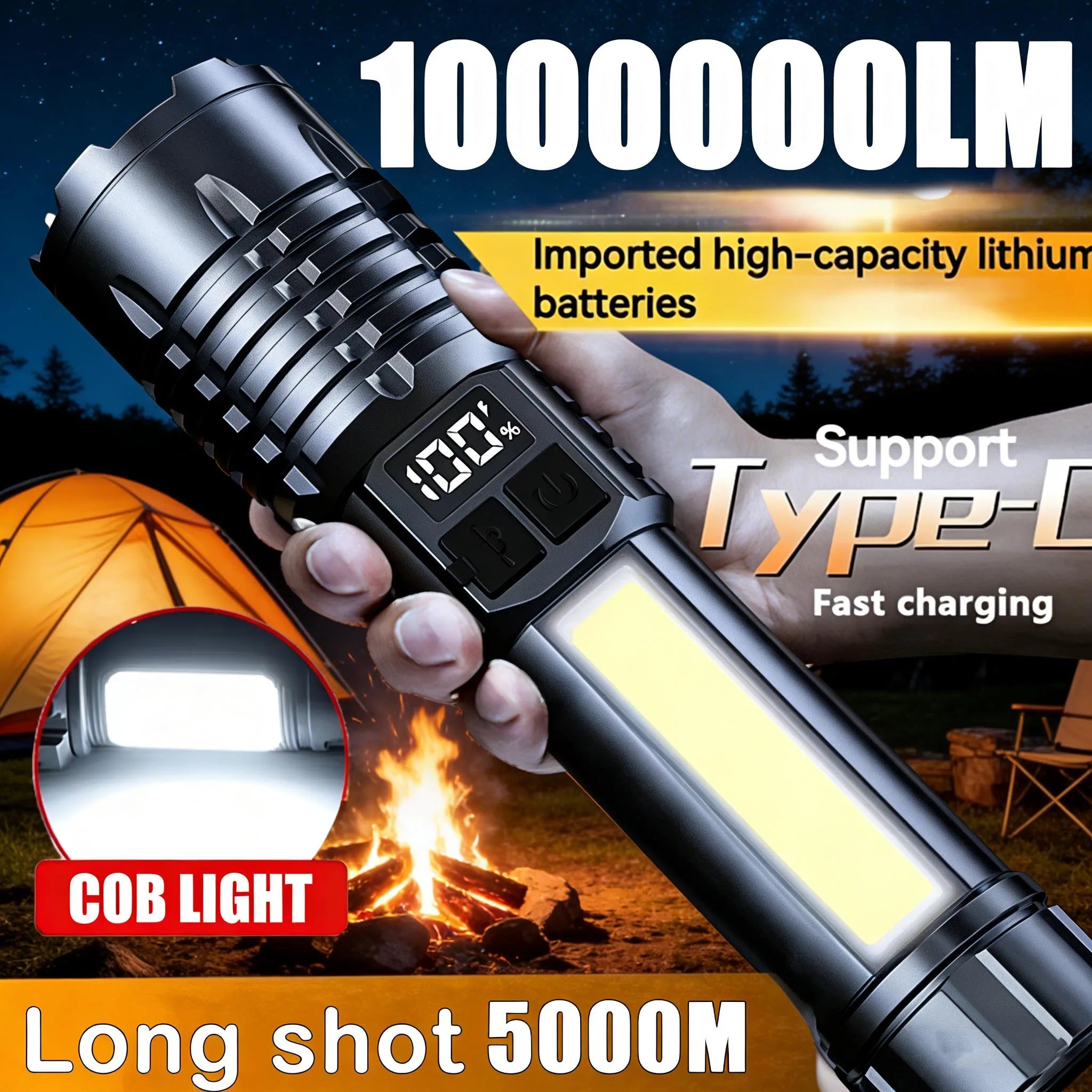 Latest High Power LED Flashlight with Zoom and Digital Display Lantern USB Rechargeable Flashlight for Camping and Hiking